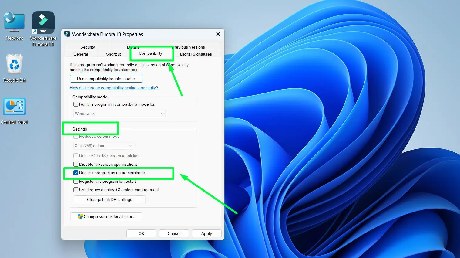 Go to the ‘Compatibility’ tab then Under ‘Settings’, check the box that says ‘Run this program as an administrator’