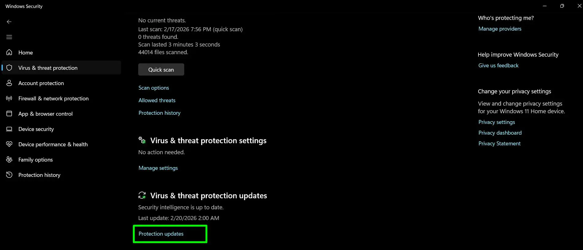 If you want to verify or manually update, click ‘Protection updates’ to open the Protection updates page