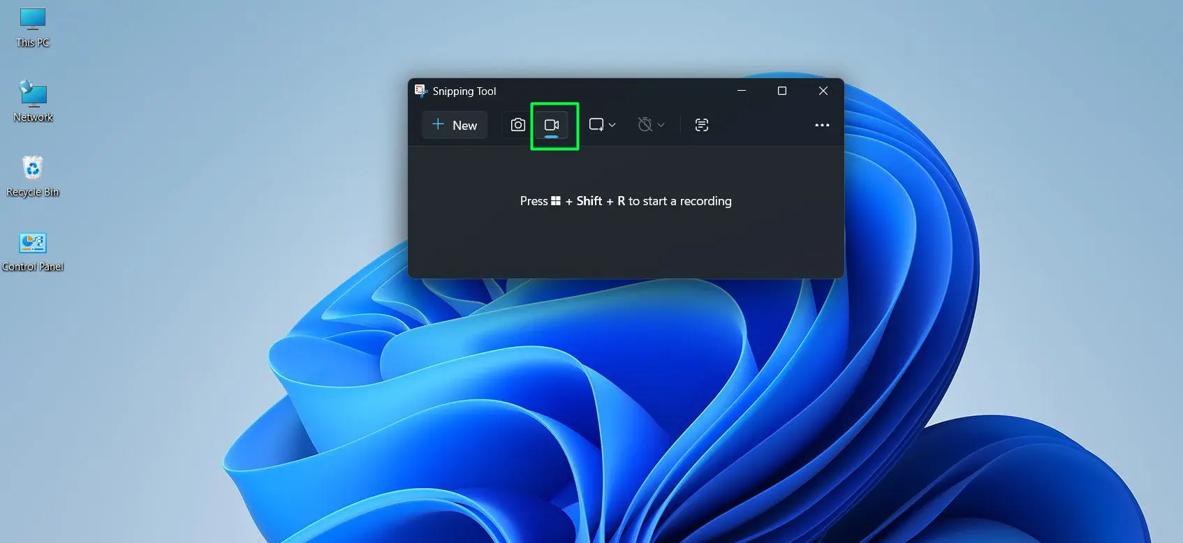 In the Snipping Tool window, look at the top toolbar and click the video camera icon