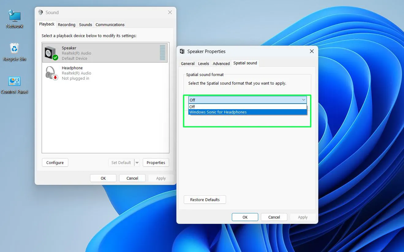 In the dropdown, select ‘Windows Sonic for Headphones’
