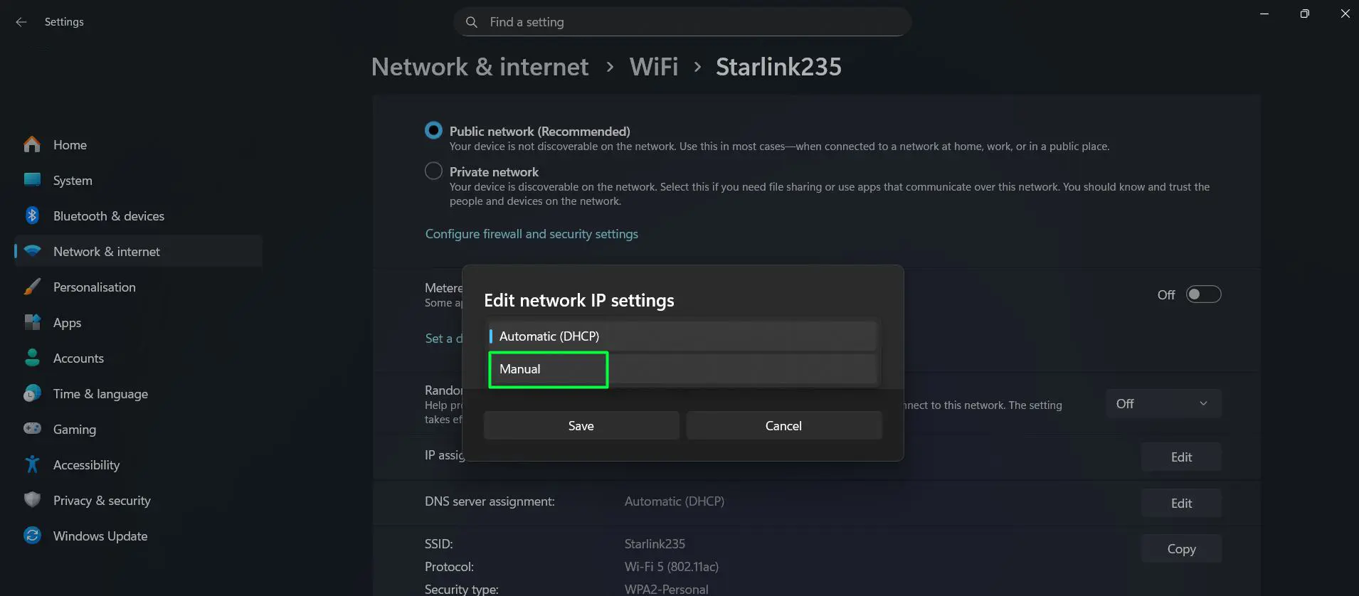 In the dropdown, switch from ‘Automatic (DHCP)’ to ‘Manual’
