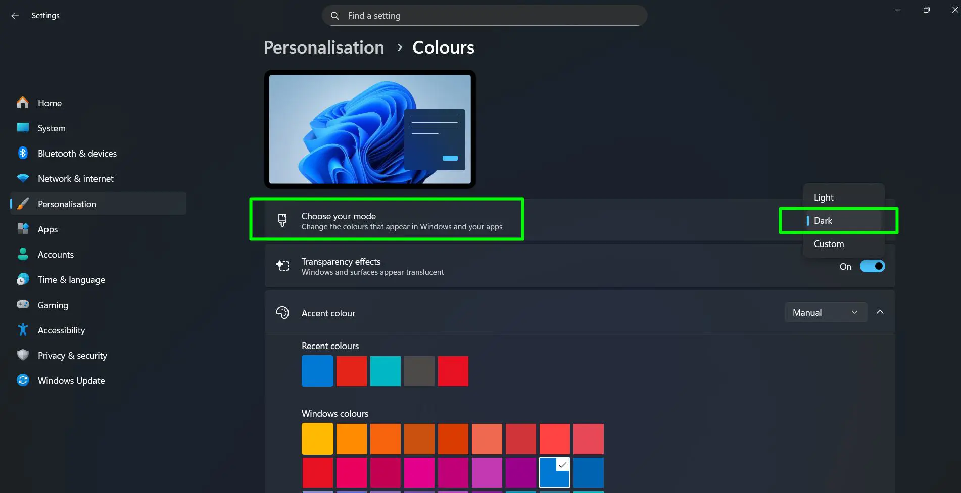 Locate ‘Choose your mode’ at the top of the page and Click the dropdown menu and select ‘Dark’