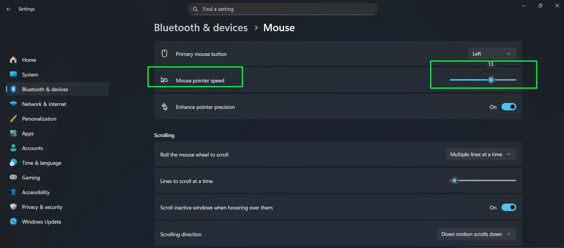 Locate the 'Mouse pointer speed' slider and Drag the slider left or right to adjust the pointer speed