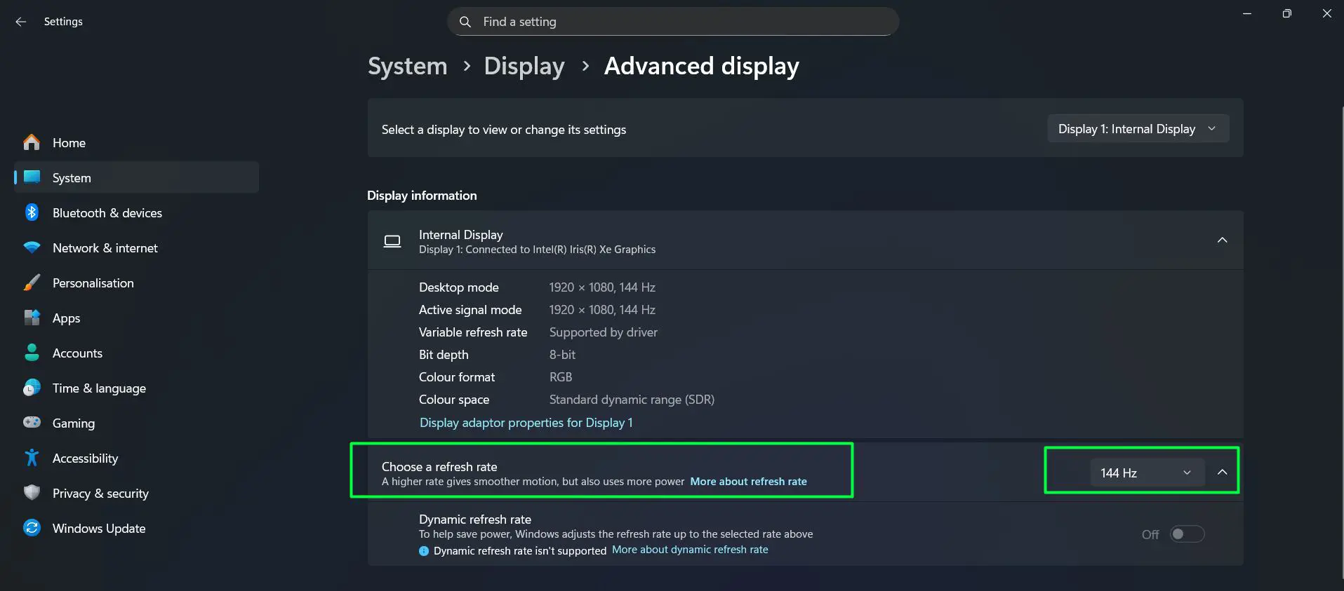 Look for ‘Choose a refresh rate’ dropdown and Select the desired refresh rate