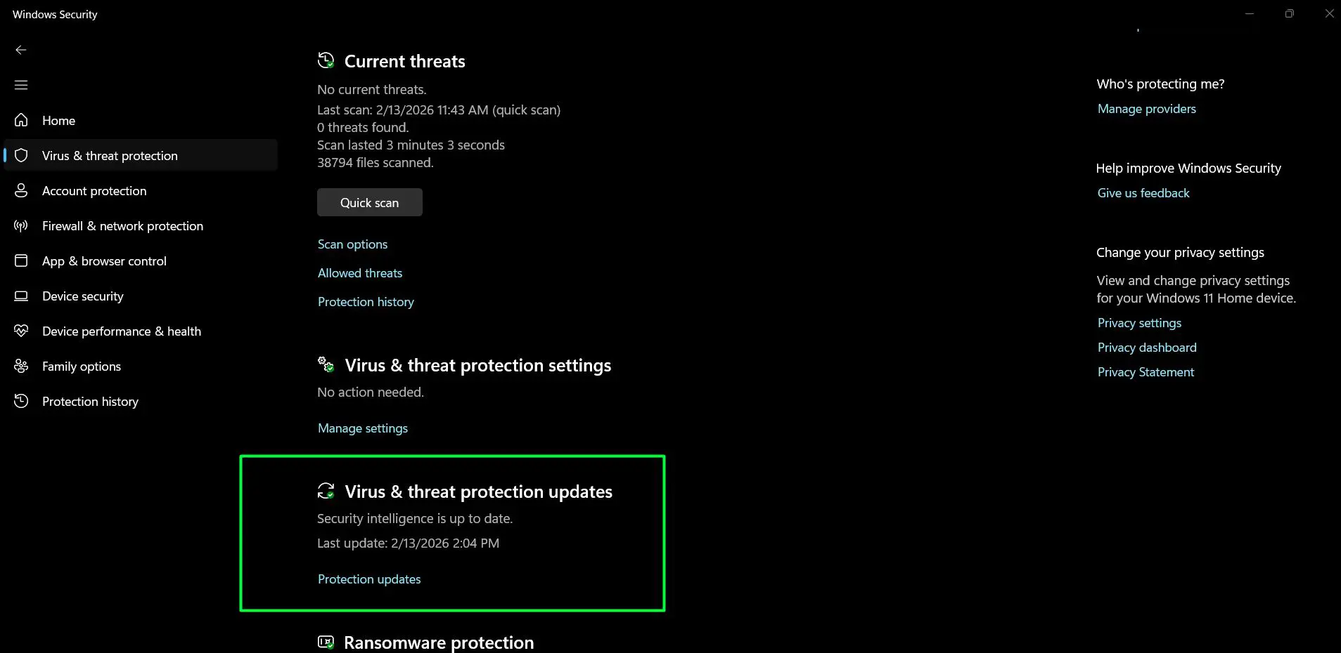 Look for ‘Virus & threat protection updates’ section