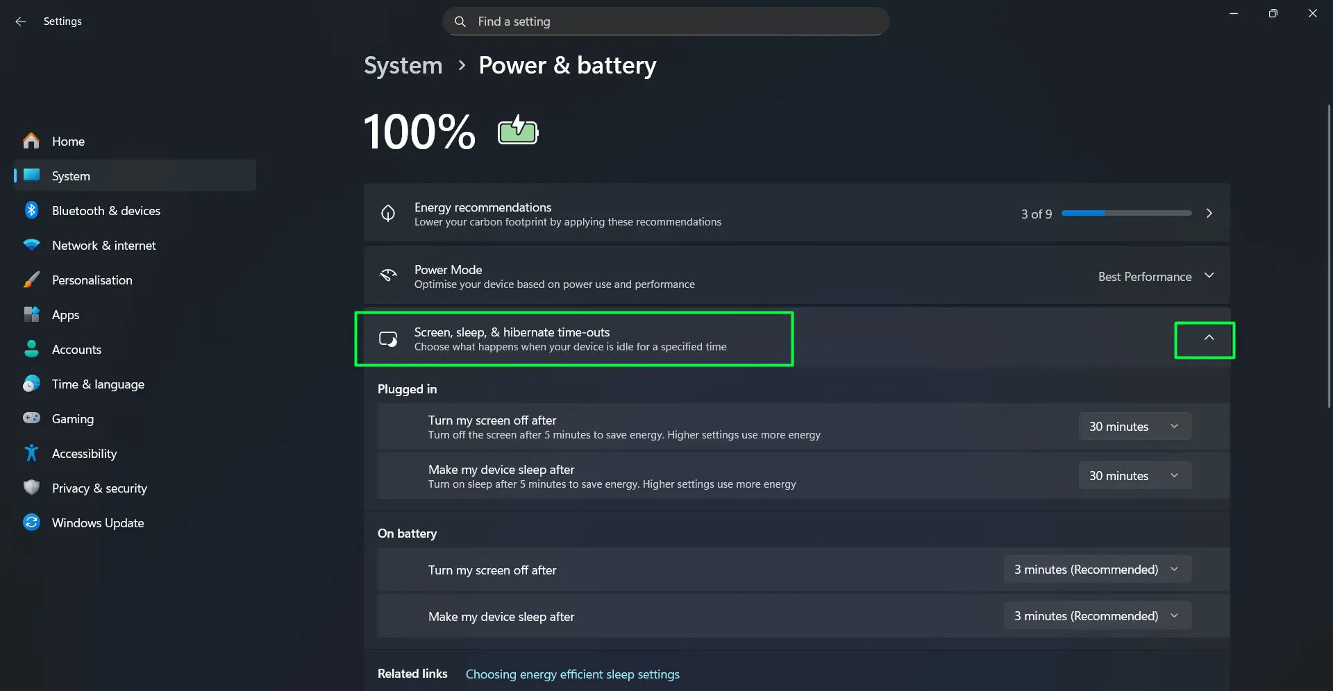Look for the ‘Screen, sleep, & hibernate time-outs’ section and click to expand it