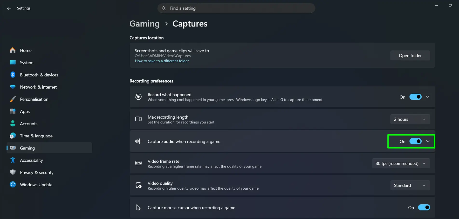Make sure ‘Capture audio when recording a game’ is toggled on to include sound in all recordings