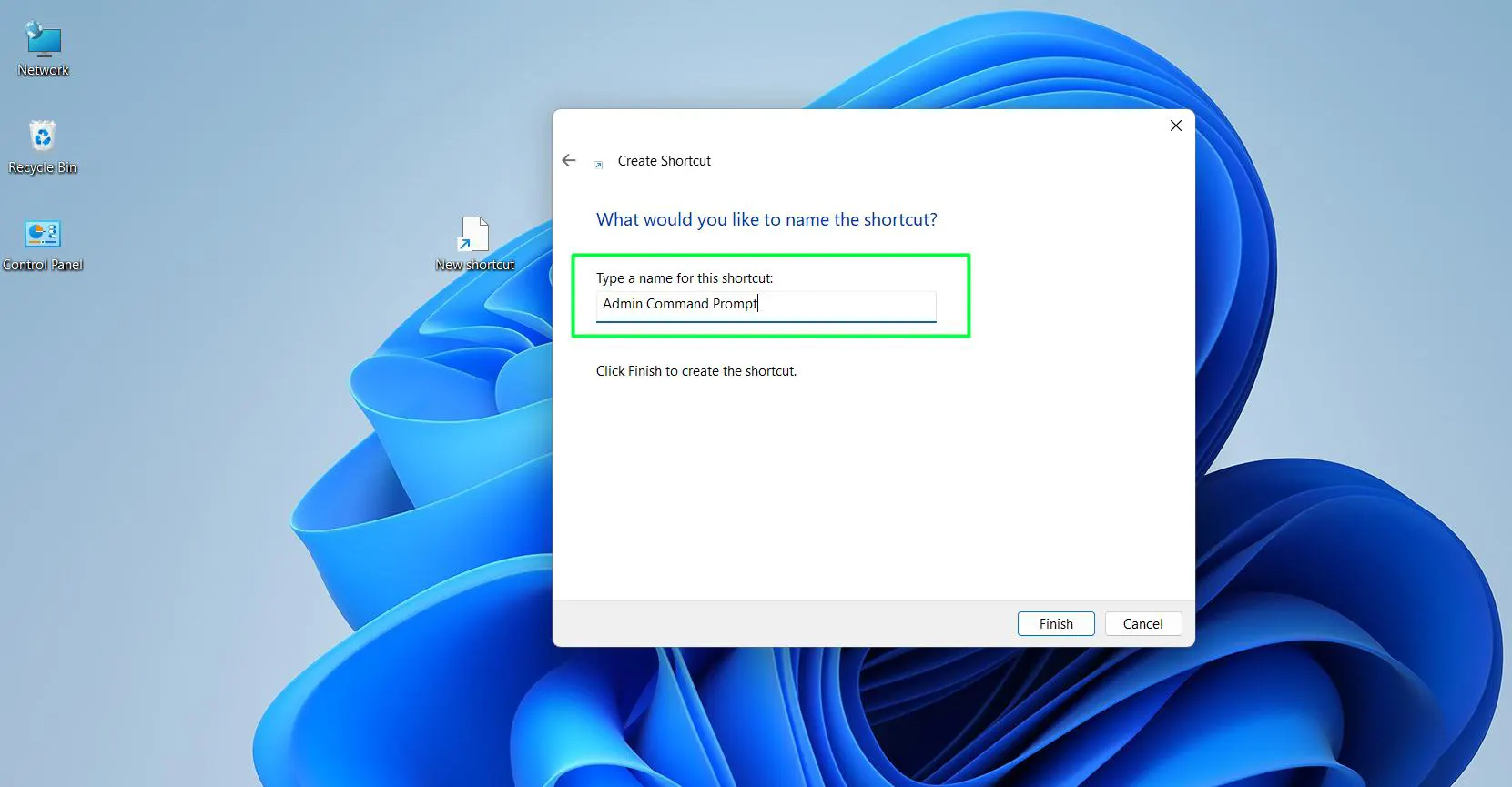 Name the shortcut something recognizable, such as ‘Admin Command Prompt’, and click ‘Finish’