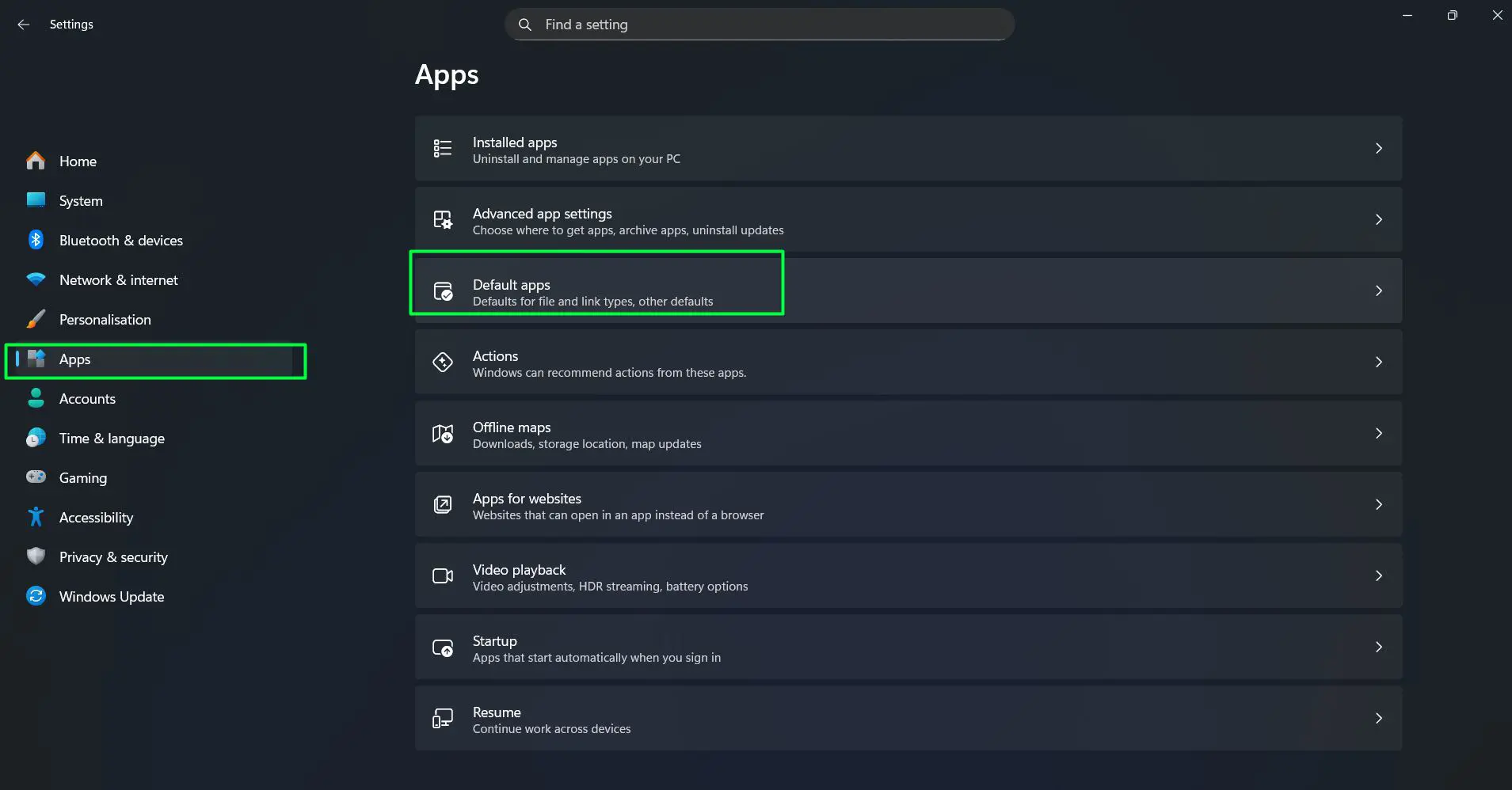 Navigate to ‘Apps’ in the left sidebar and Click on ‘Default apps’