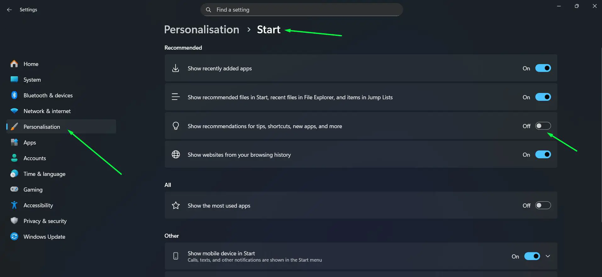 Navigate to ‘Settings’ – ‘Personalisation’ – ‘Start’ and turn off ‘Show recommendations for tips, shortcuts, new apps, and more’