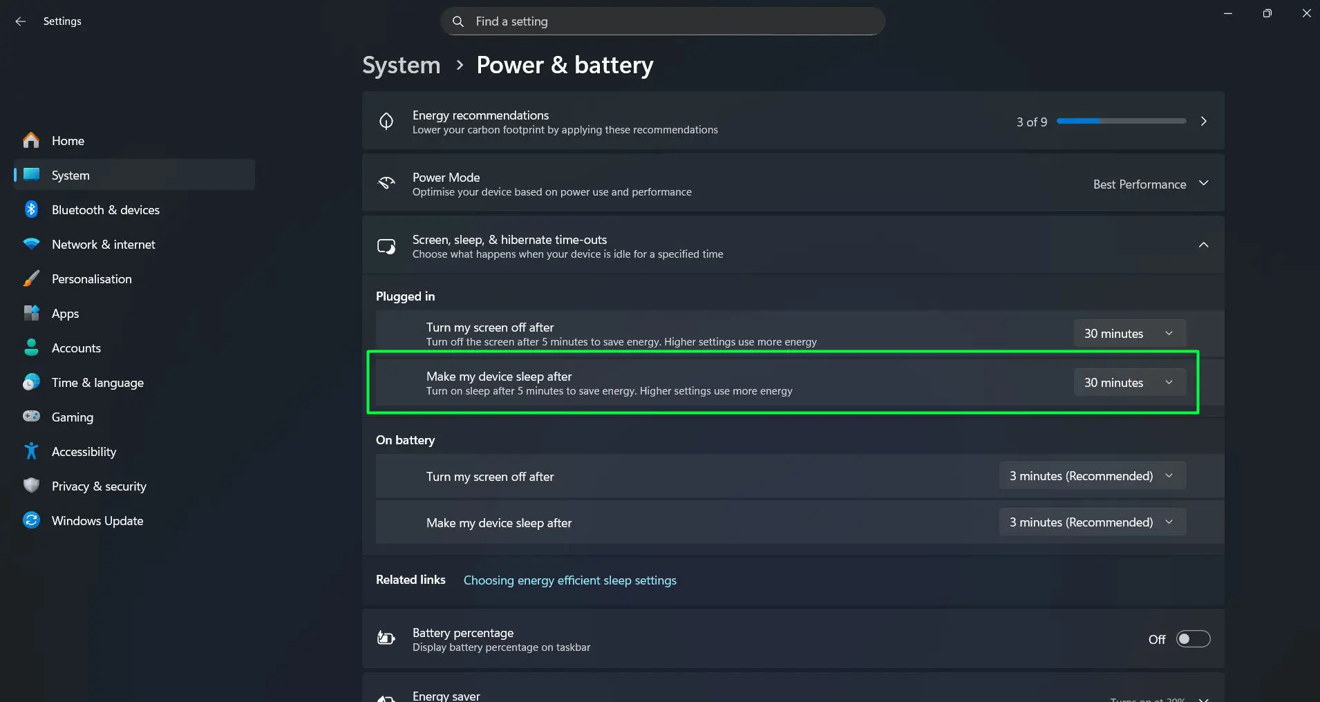Navigate to the ‘Plugged in’ section and find ‘Make my device sleep after’.