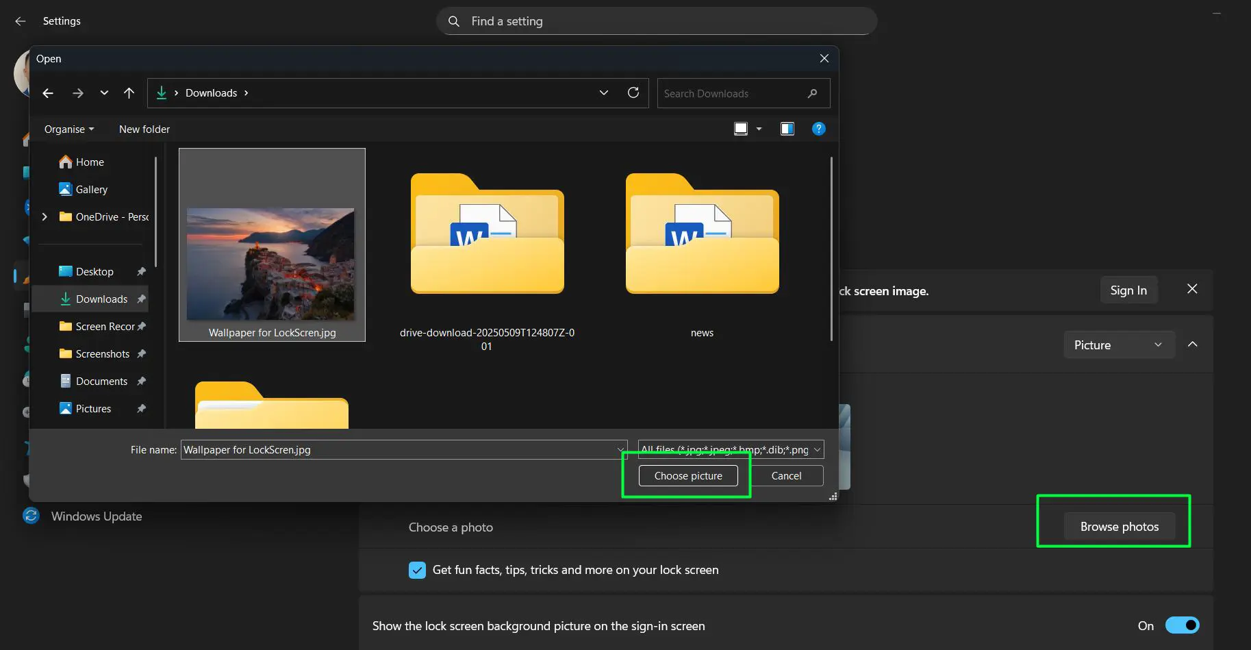Navigate to the desired image file on the computer and Select the image and click ‘Choose picture’