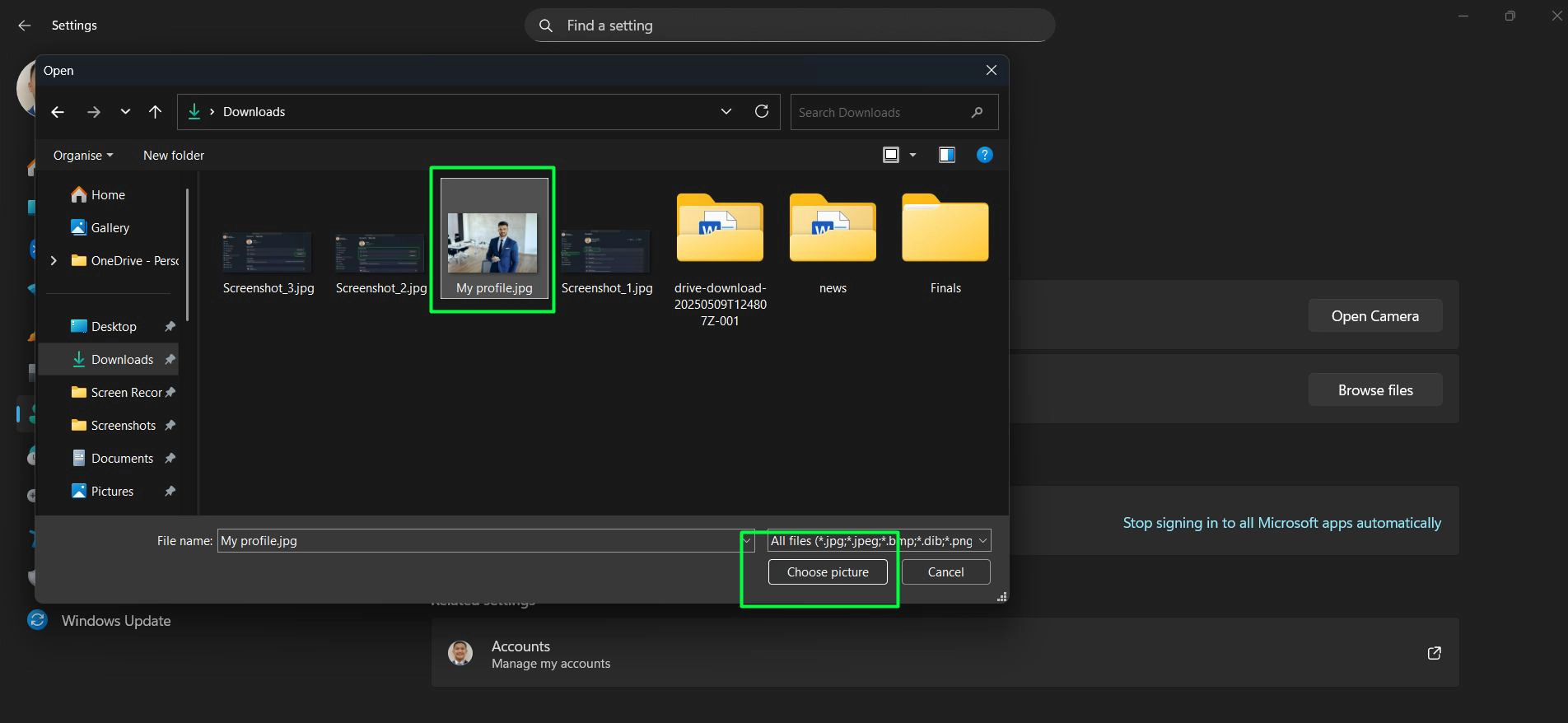 Navigate to the folder containing the desired image and Select the photo and click ‘Choose picture’