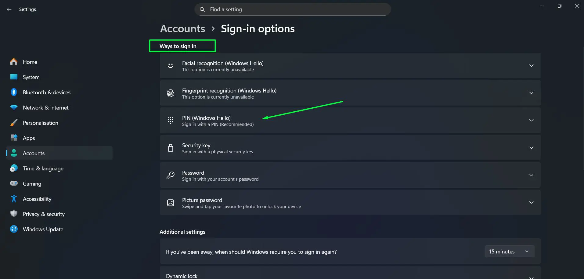 On the Sign-in options page, look under the section labeled ‘Ways to sign in’. Find PIN (Windows Hello) and click on it