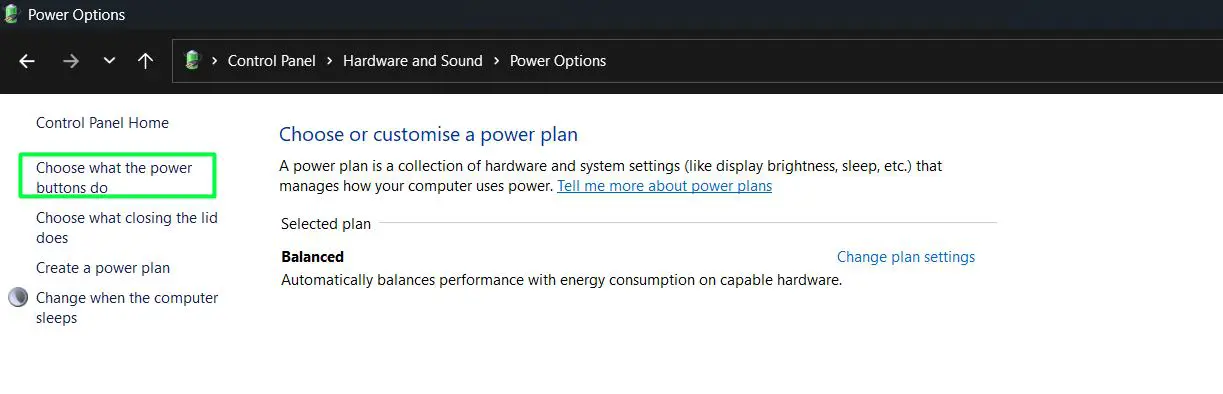 On the left side, click Choose what the power buttons do