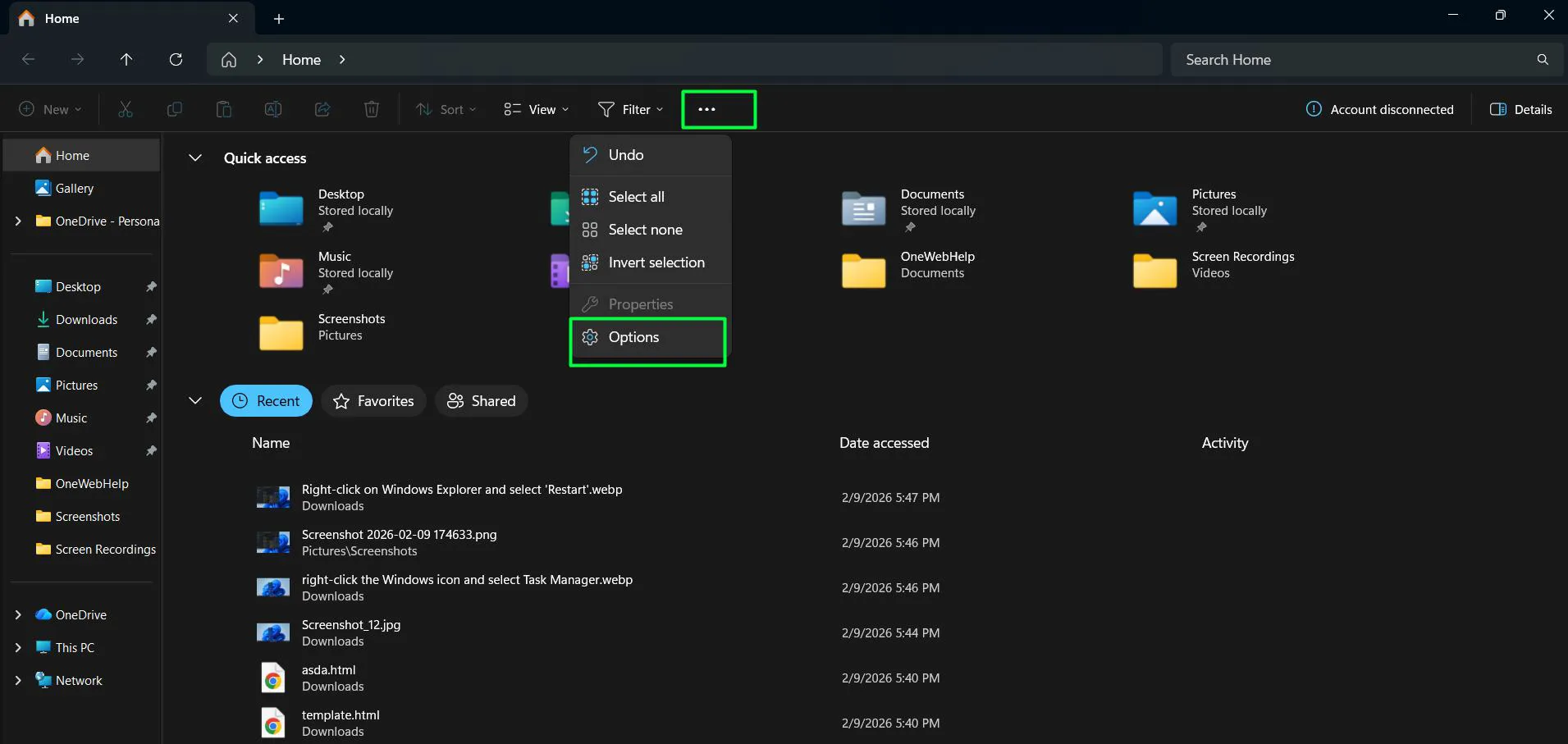 Open File Explorer and click the three-dot menu icon and Select 'Options'