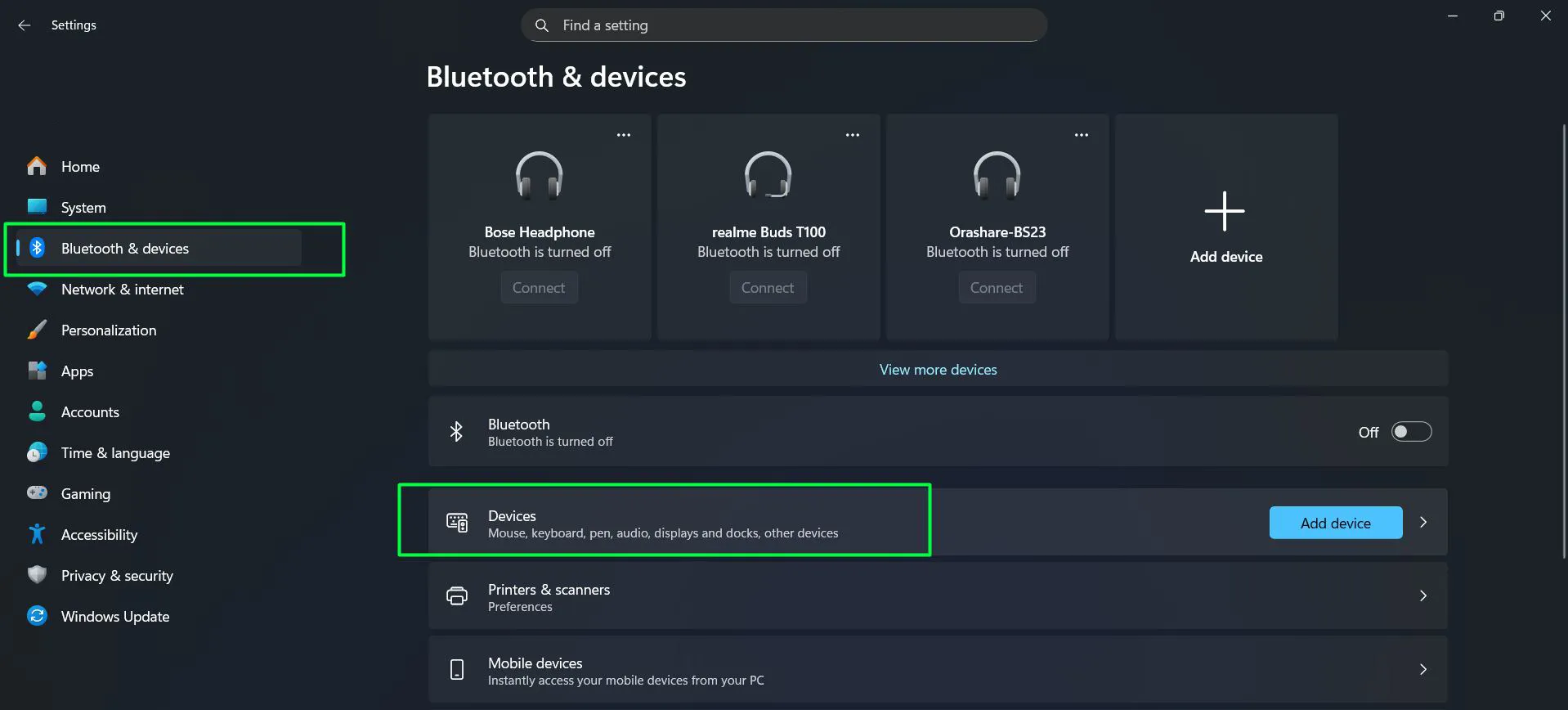 Open Setting and Click on 'Bluetooth & devices' from the left sidebar