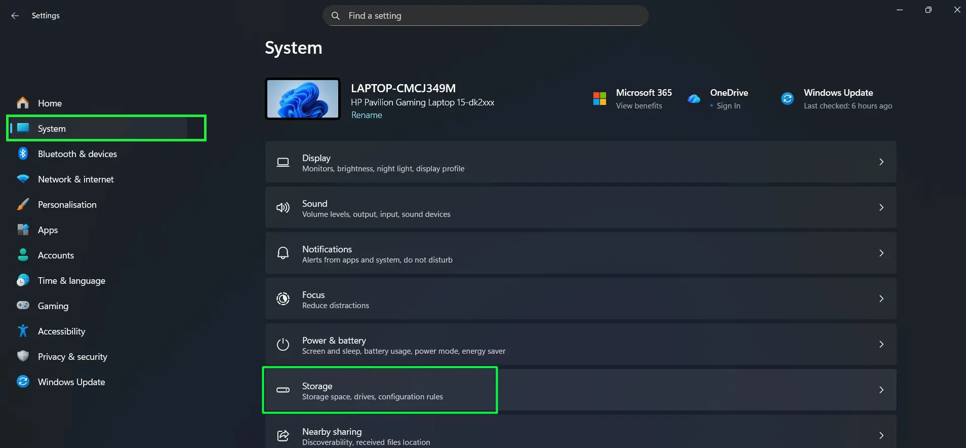 Open Settings and go to System and select Storage