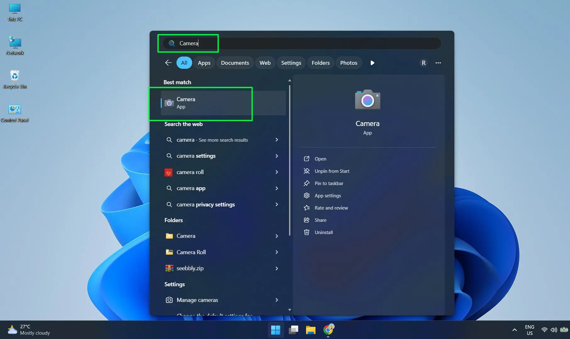 Open the Camera app by searching for it in the Start menu