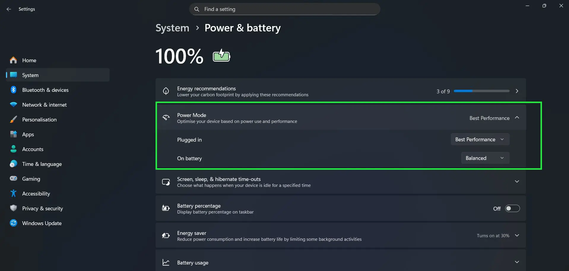 Power Mode setting in the Power & battery page allows optimization of device performance based on current needs