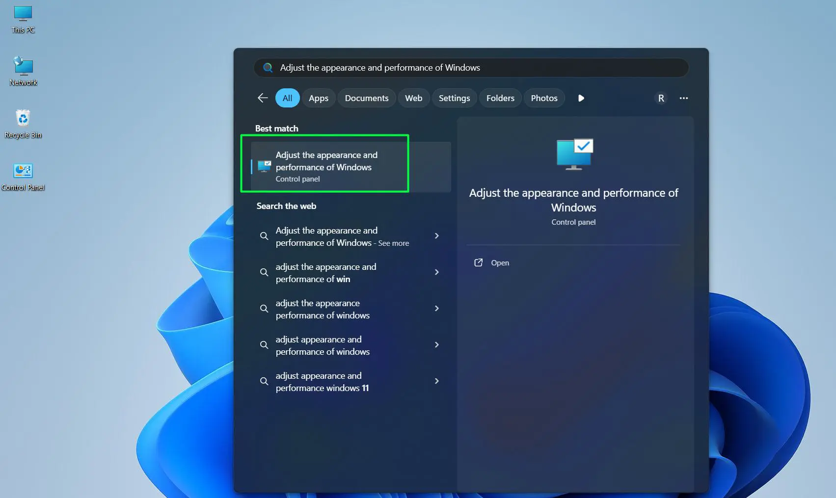 Press Win + S and search for Adjust the appearance and performance of Windows