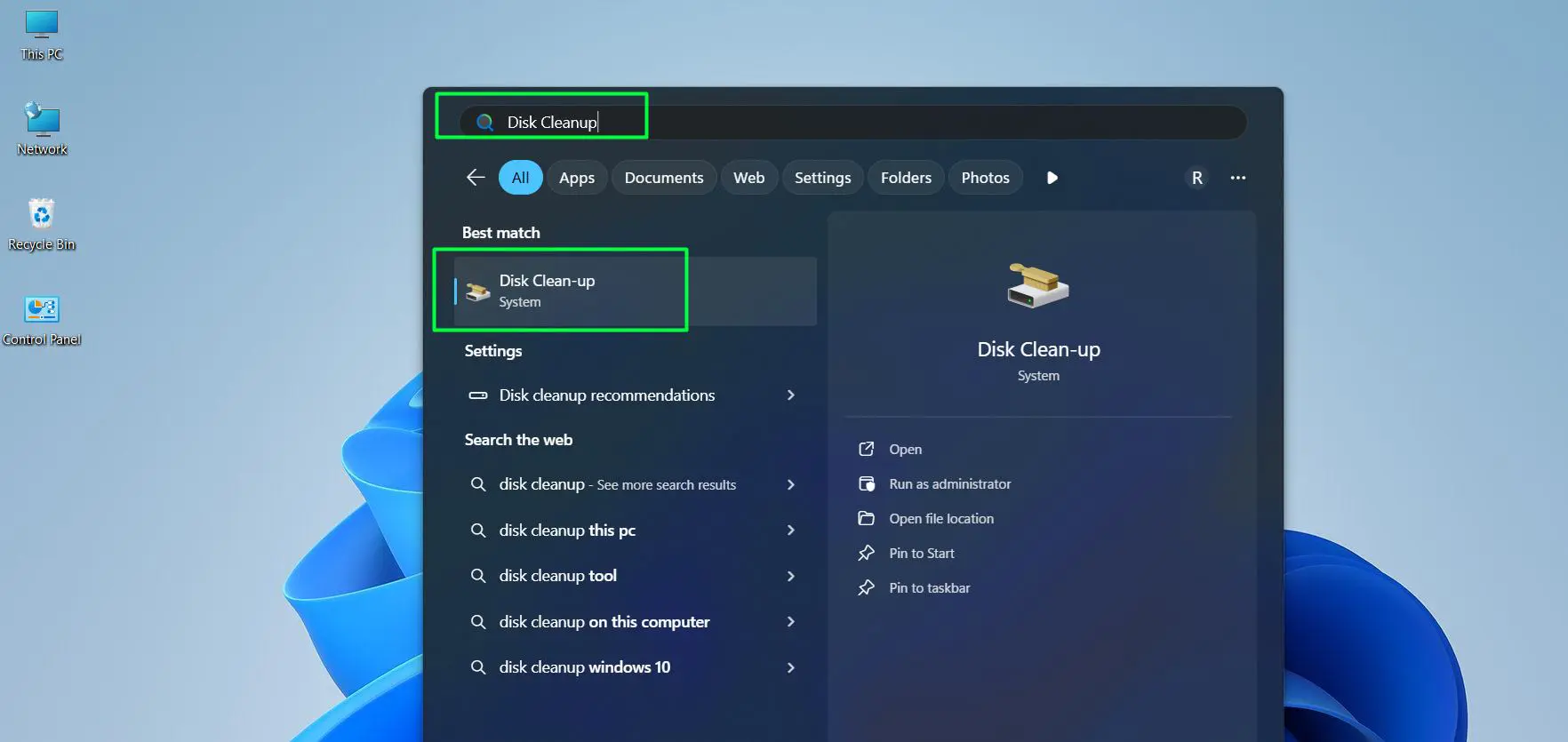Press Win + S and search for Disk Cleanup