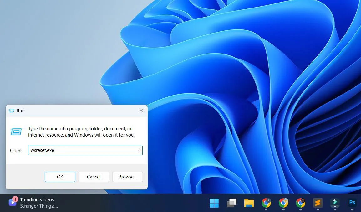 Press Windows key + R to open the Run dialog and Type 'wsreset.exe' in the text box then press Enter