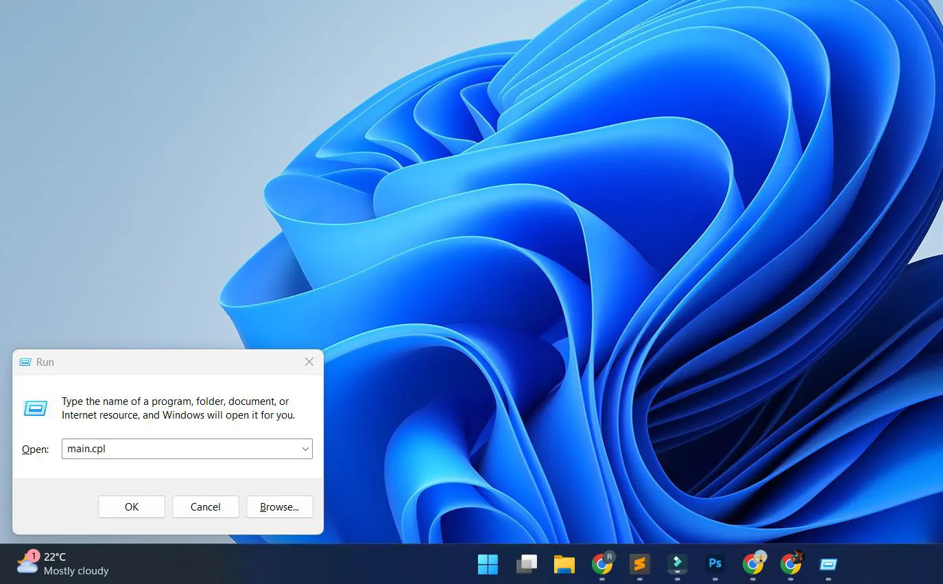 Press Windows key + R to open the Run dialog box and ype 'main.cpl' and press Enter