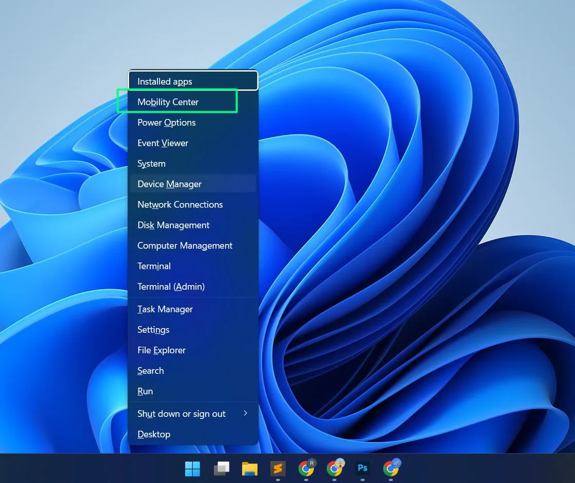 Press Windows key + X on the keyboard and Select Mobility Center