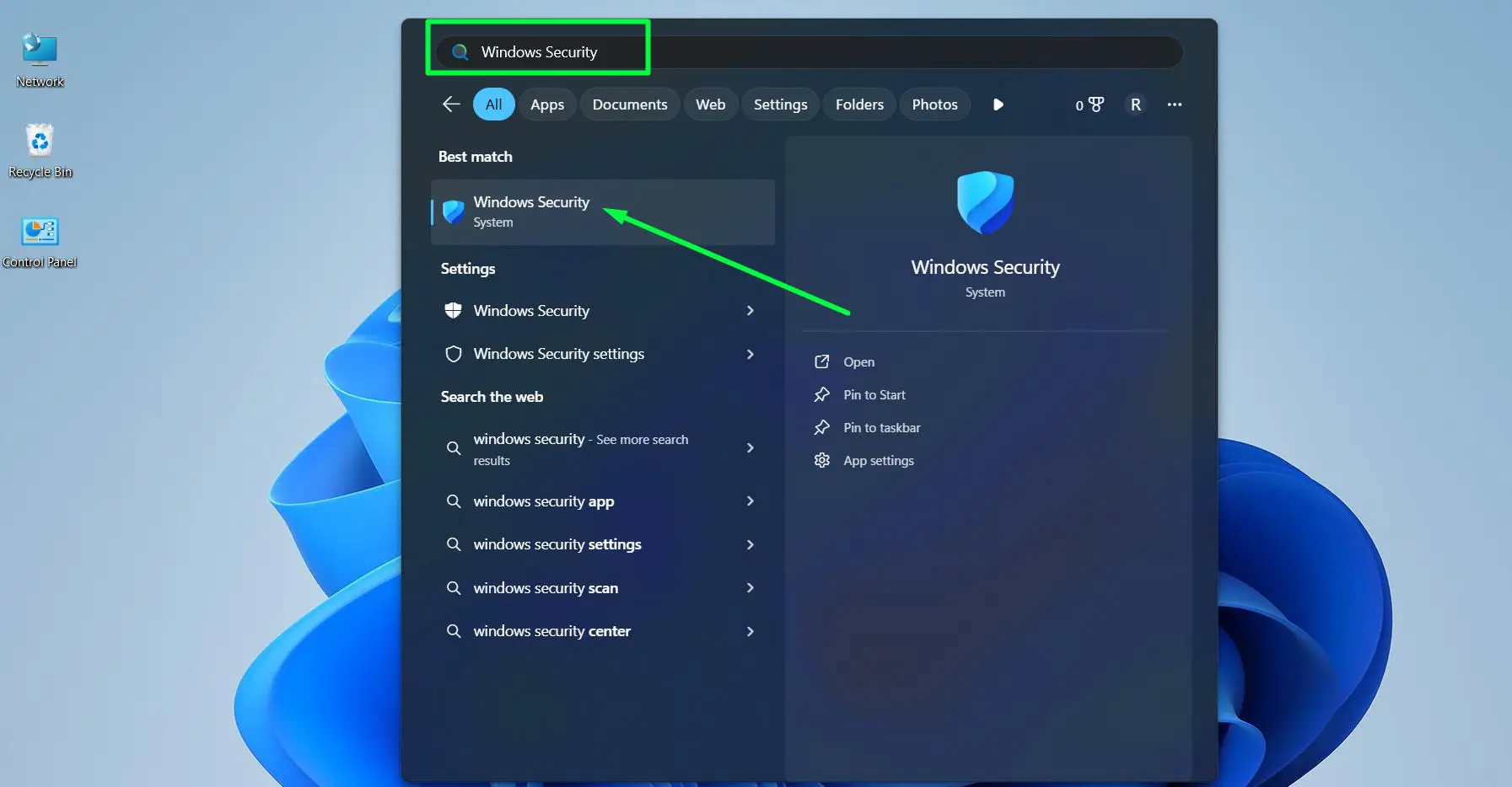 Press the Windows key and search for ‘Windows Security’, then open it
