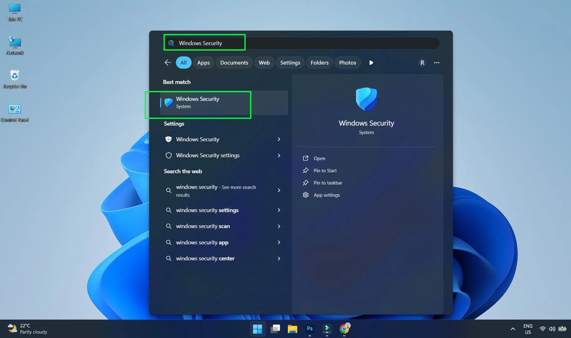 Press the Windows key and type ‘Windows Security’ then press Enter