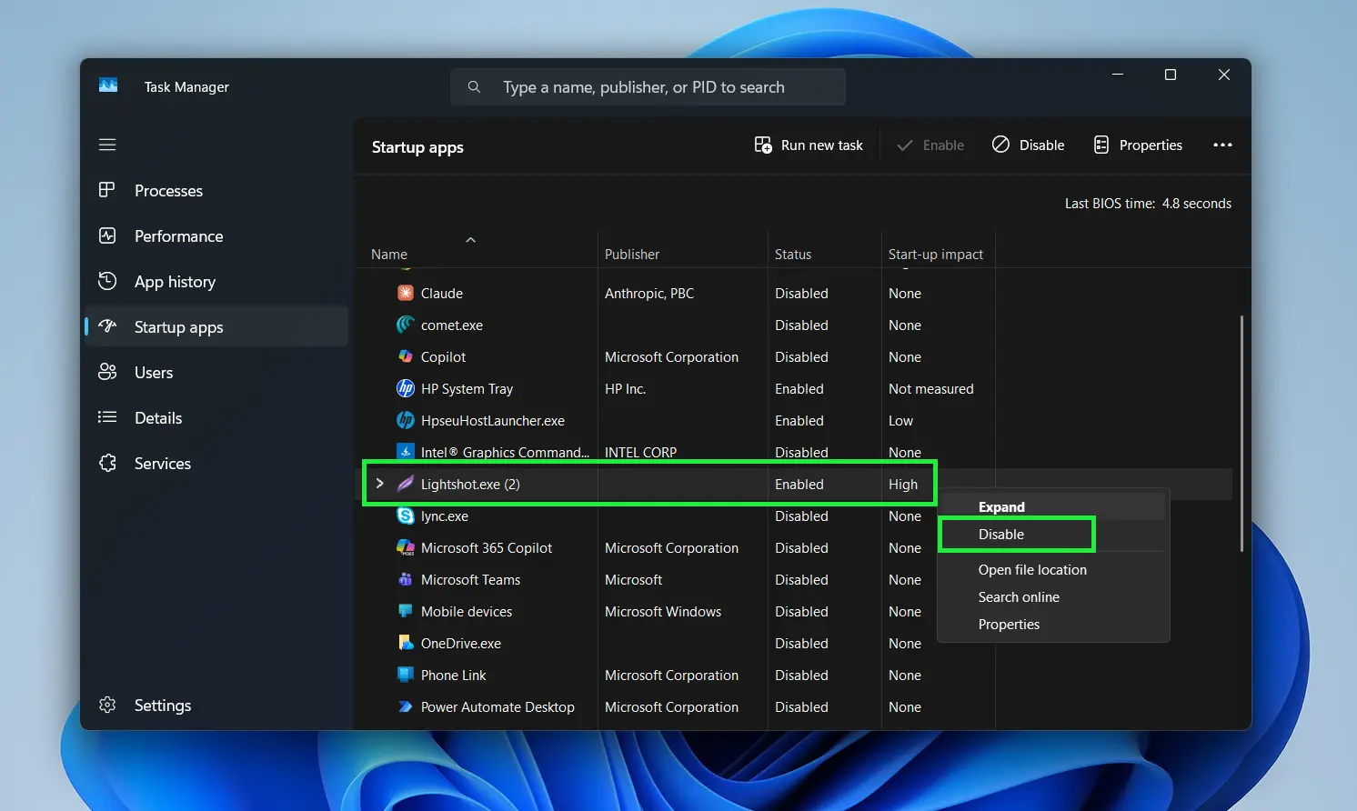 Right-click any app that does not need to run at startup and select Disable