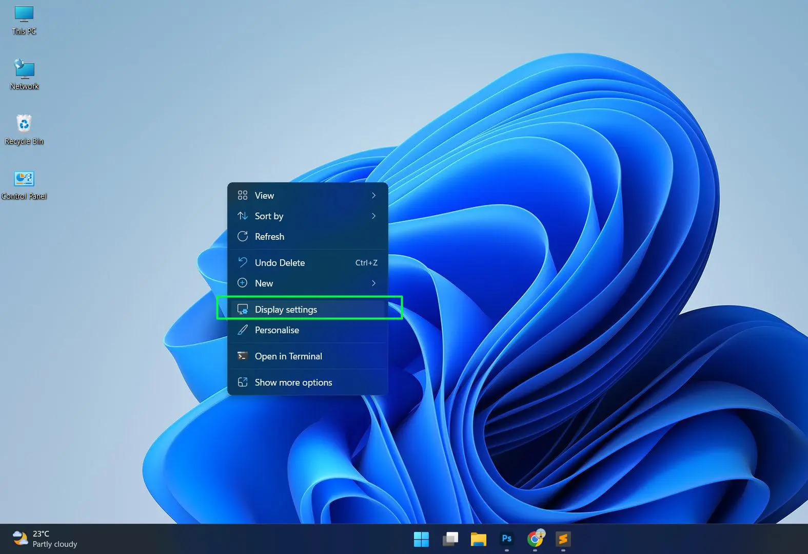 Right-click anywhere on your desktop and select ‘Display settings’ from the context menu