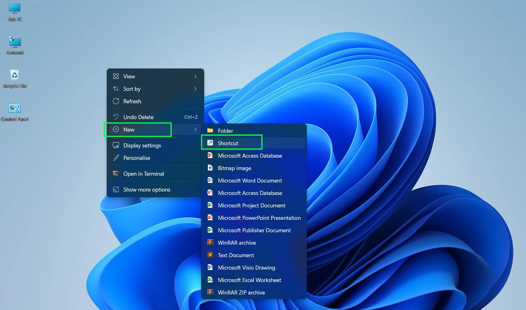 Right-click on any empty space directly on the desktop then Hover over ‘New’ in the context menu and select ‘Shortcut’
