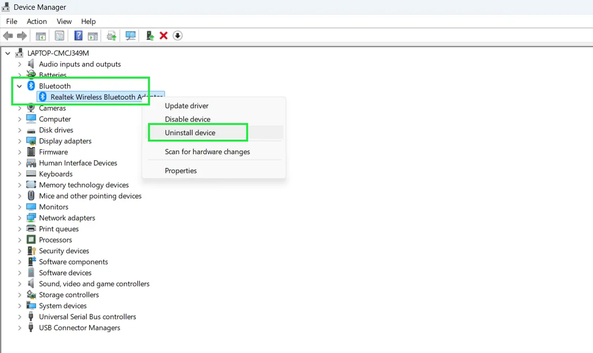 Right-click on the Bluetooth adapter entry and Select 'Uninstall device'
