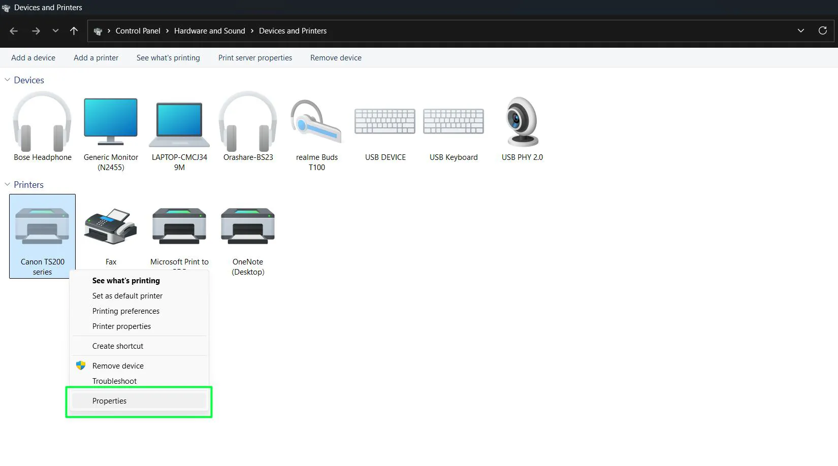 Right-click on your printer and select 'Properties' from the menu