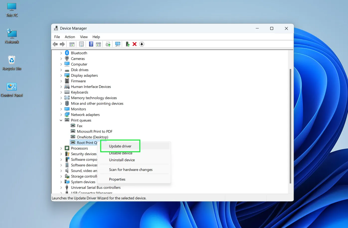 Right-click on your printer name and choose 'Update driver' from the context menu