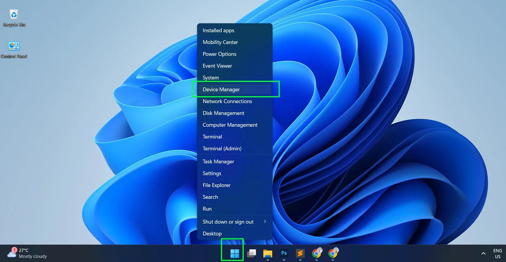 Right-click the Start button and select Device Manager from the menu