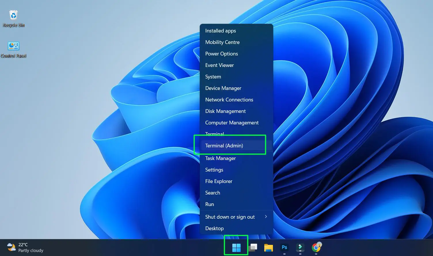 Right-click the Start button and select ‘Terminal (Admin)’