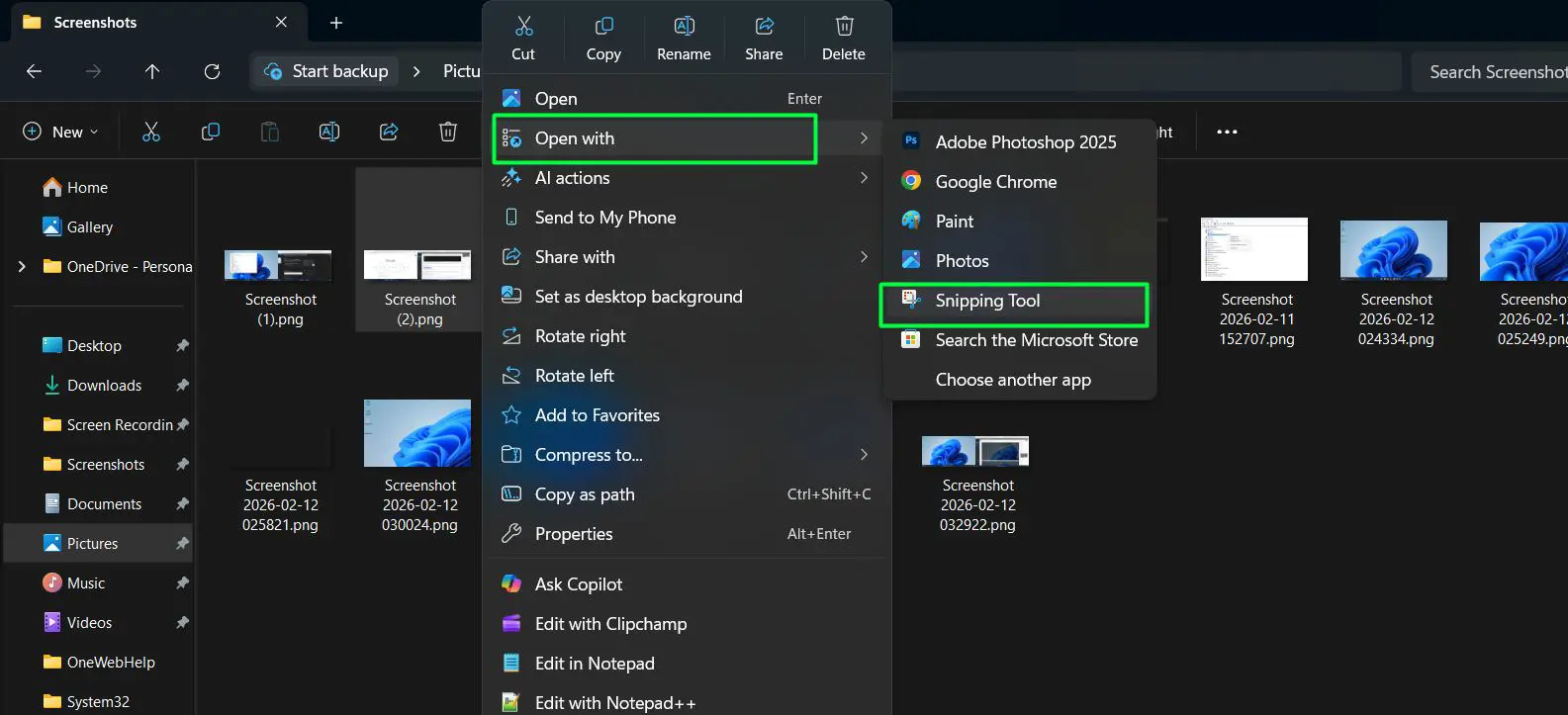 Right click the captured screenshot and select ‘Open With’ and choose ‘Snipping Tool’