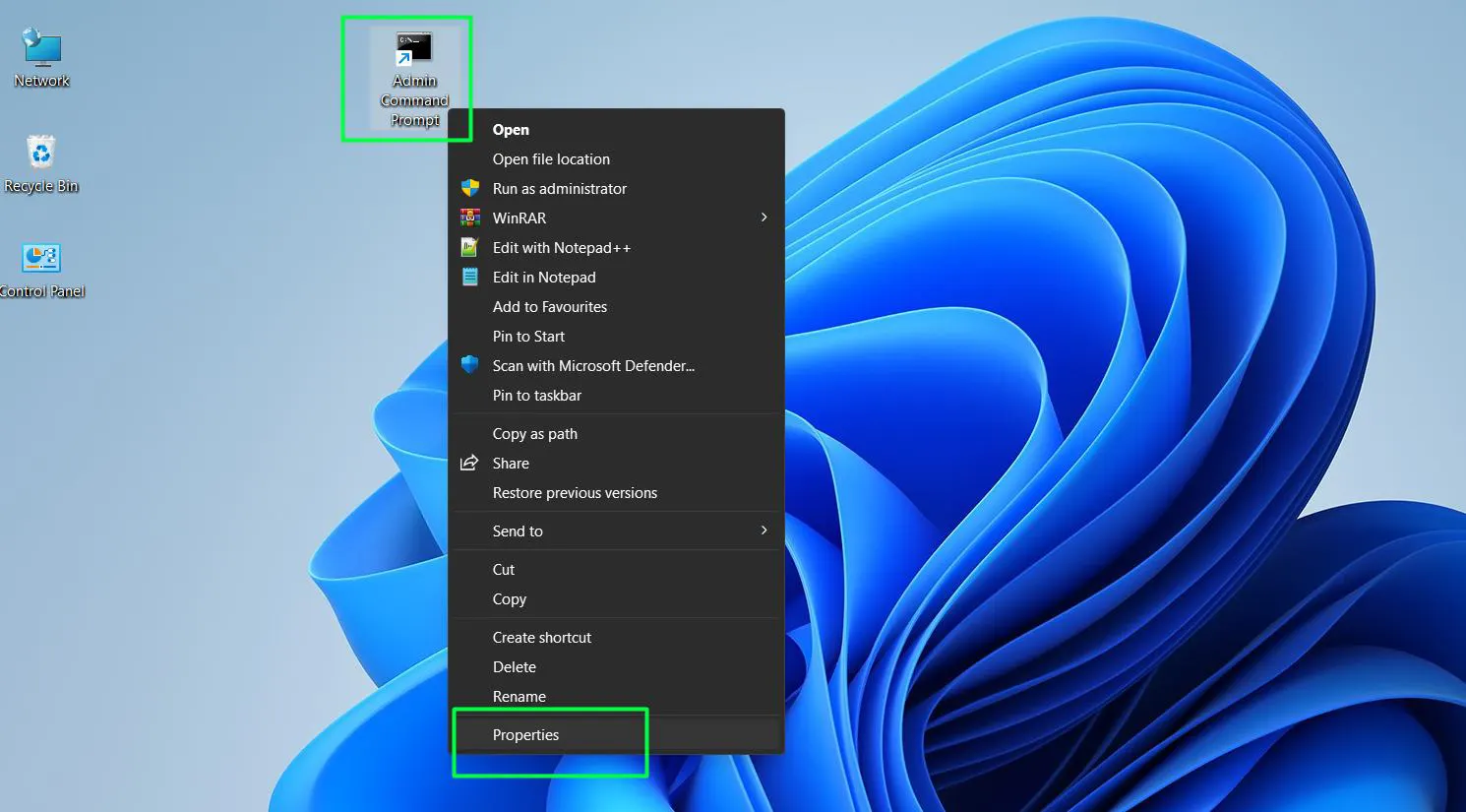 Right-click the newly created shortcut on the desktop and select ‘Properties’