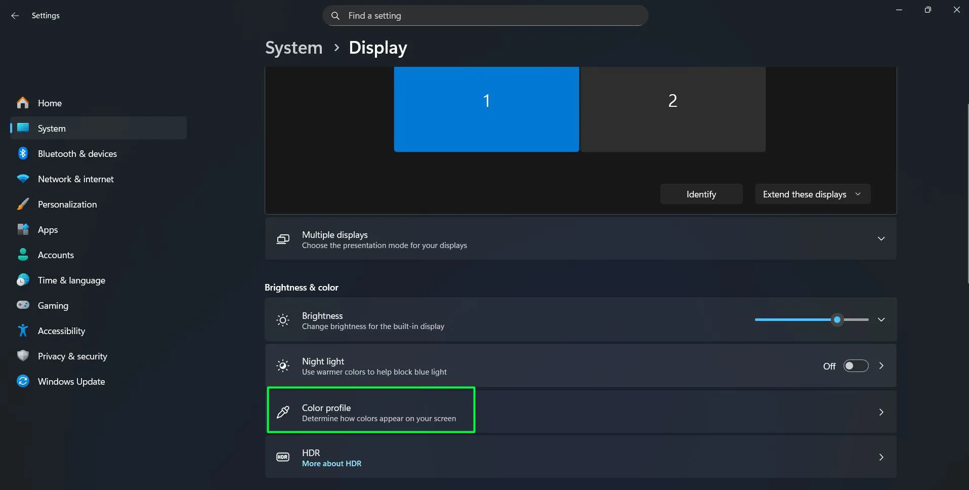 Scroll down and click 'Color profile'