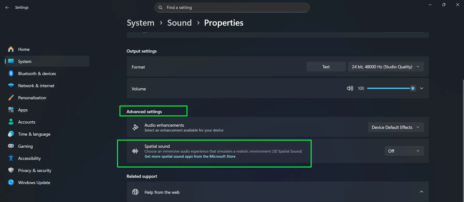 Scroll down to the ‘Advanced settings’ section and Locate the ‘Spatial sound’ row