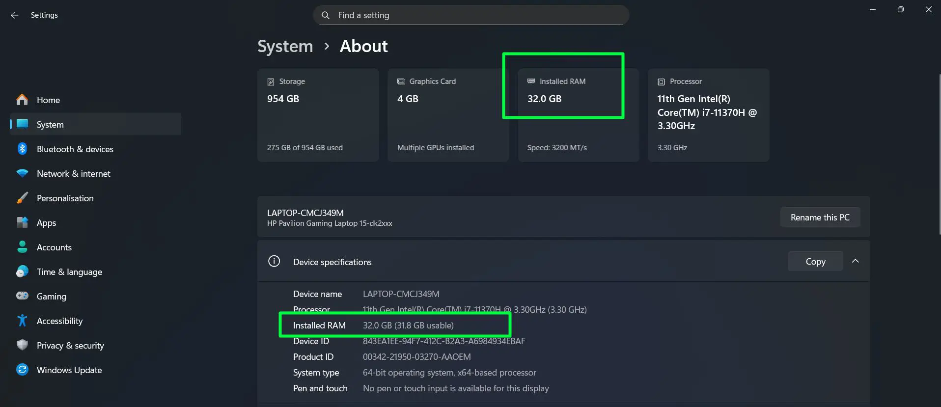 Scroll down to the Device specifications section and Look for Installed RAM