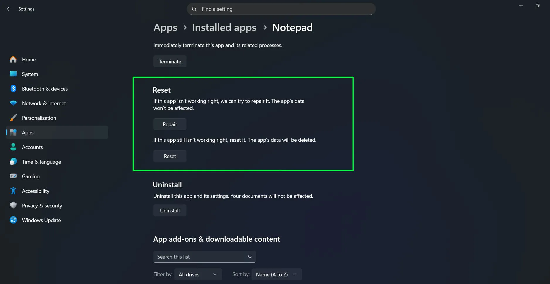 Scroll down to the Reset section