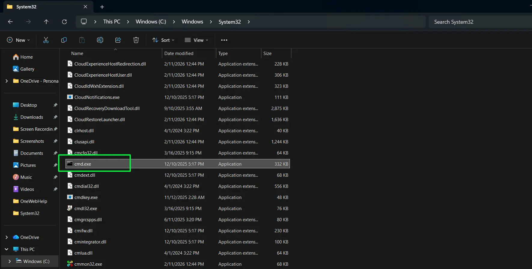 Scroll through the extensive list of files until locating ‘cmd.exe’