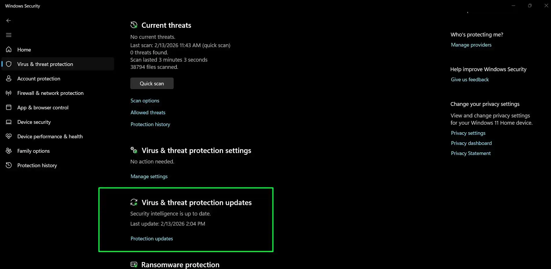Scroll to ‘Virus & threat protection updates’ and Review the ‘Last update’ timestamp and version number