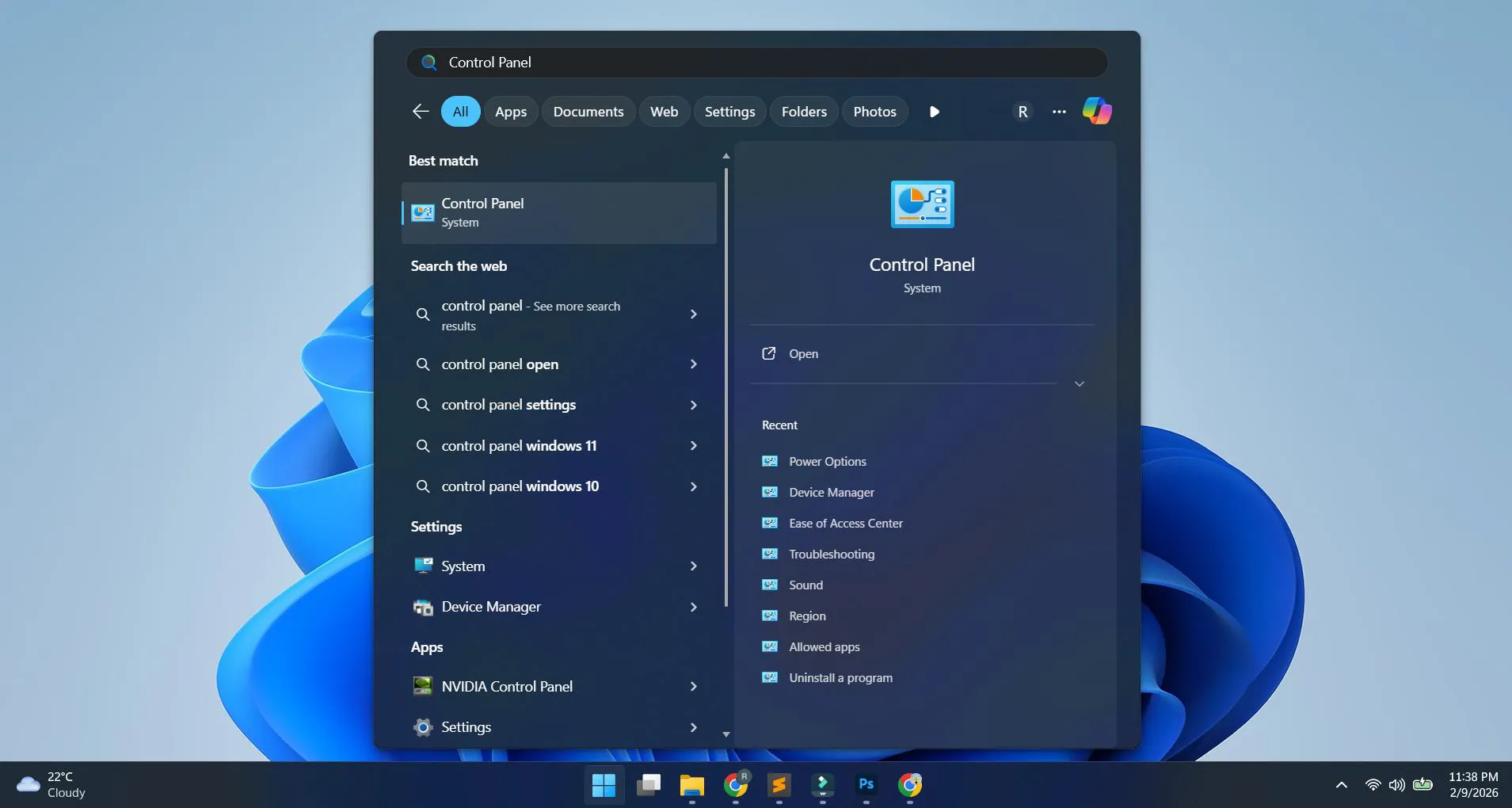 Search for ‘Control Panel’ in the Start menu