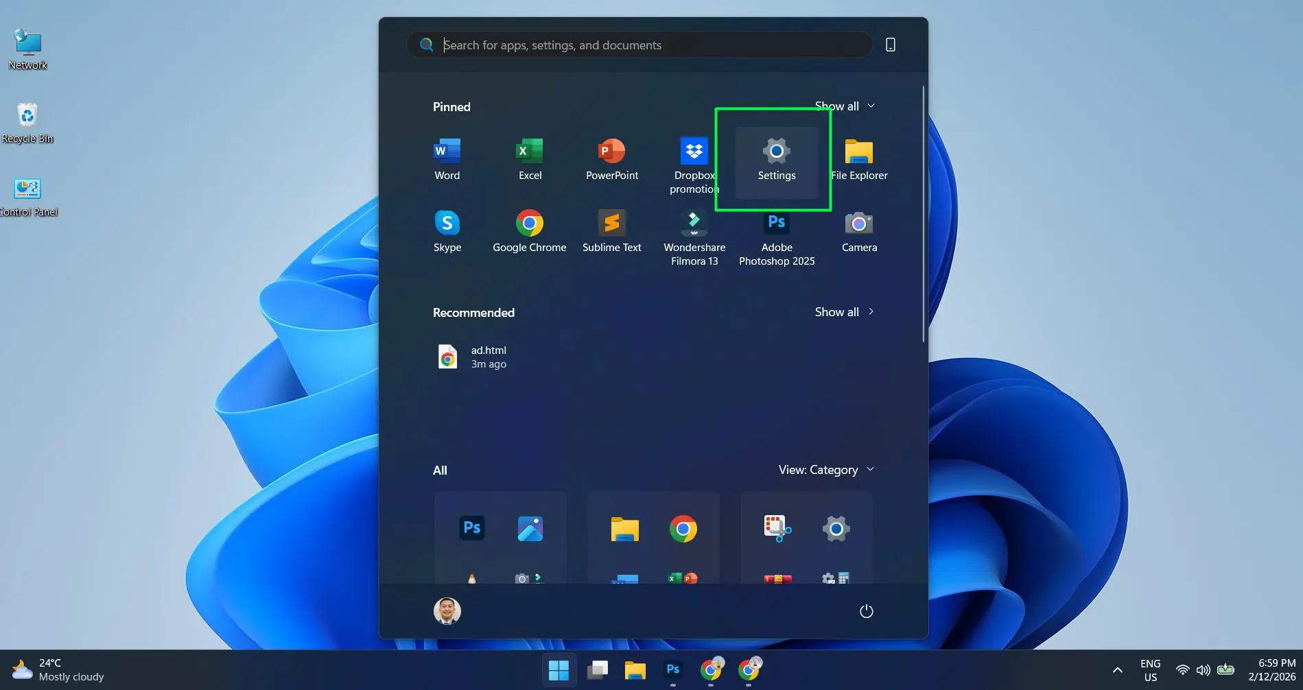Select ‘Settings’ from the pinned apps or type ‘settings’ in the search box