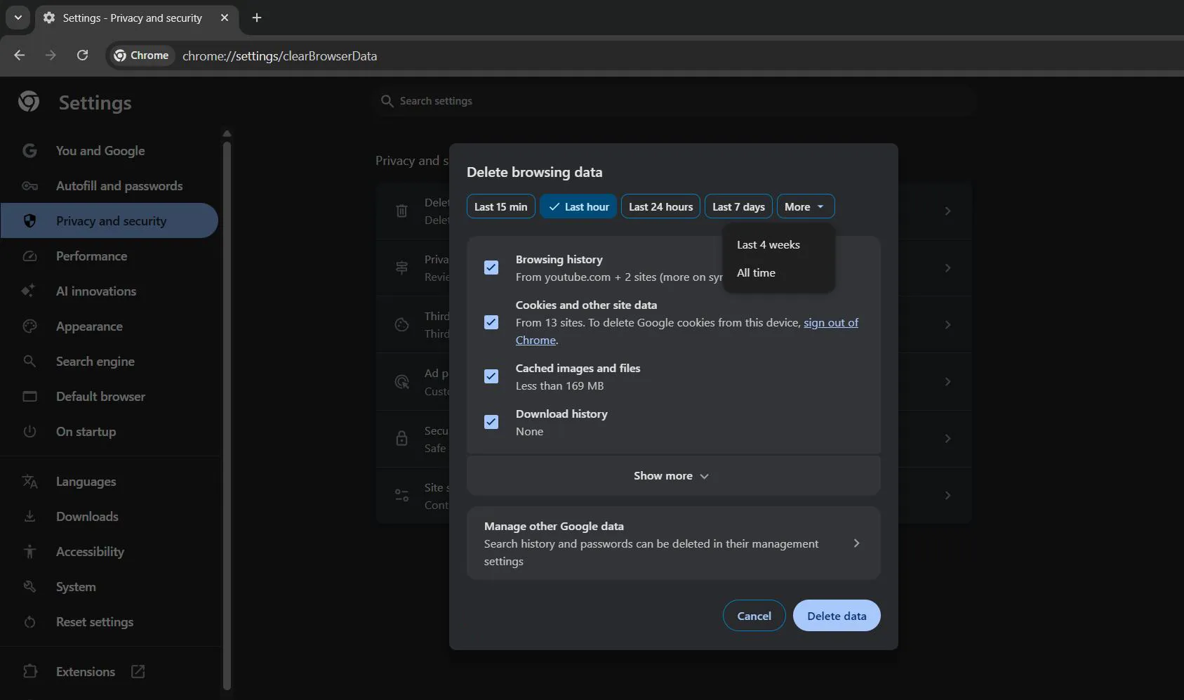 Select the desired time range and Ensure the checkbox next to 'Cached images and files' is checked